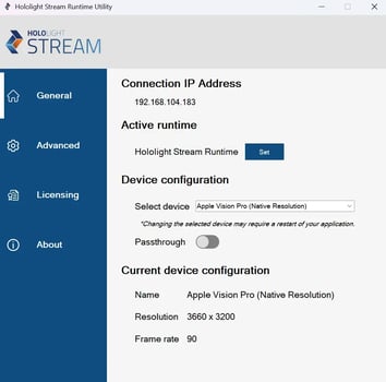 Screenshot_Hololight Stream Runtime_Utility_General Tab_1