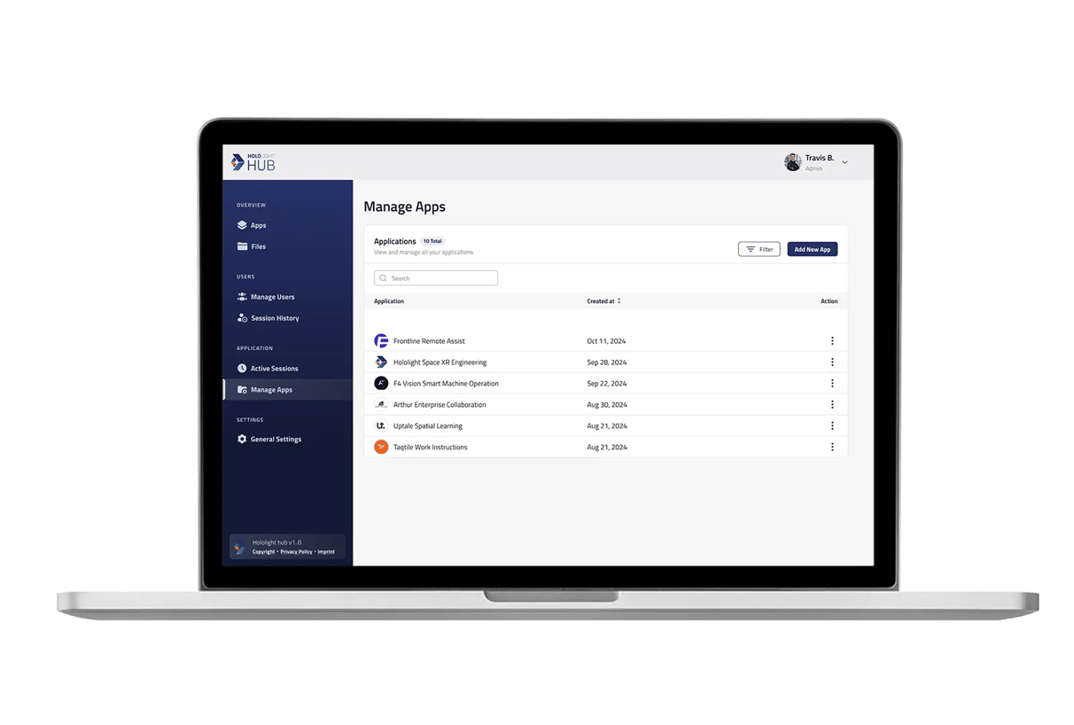 UI of Hololight Hubs admin side, IT admins use Hololight Hub to manage users and apps.