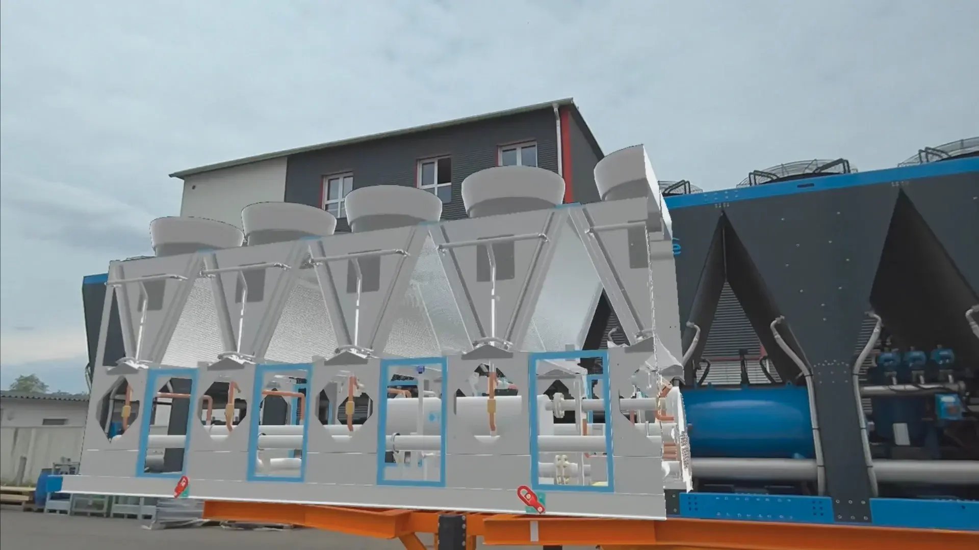 An existing cooling system overlaid with a digital model of a new one to highlight assembly differences for QA.