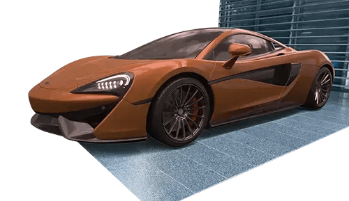 A model of a sports car is visualized in a real environment with augmented reality.