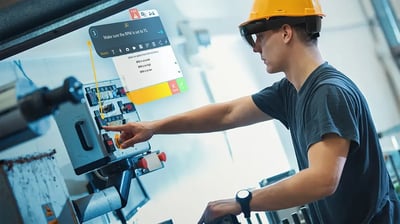 A worker wearing an AR headset setting up a machine following work instructions displayed in a real world environment with augmented reality.