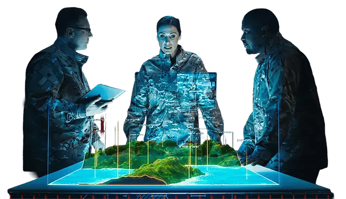 A group of generals planning a mission with 3D map topology data visualized in XR.
