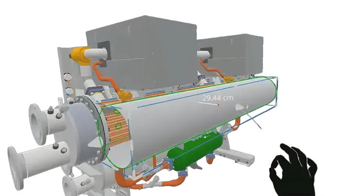 A 3D model of an industrial cooling machine is inspected in 1:1 scale in AR.