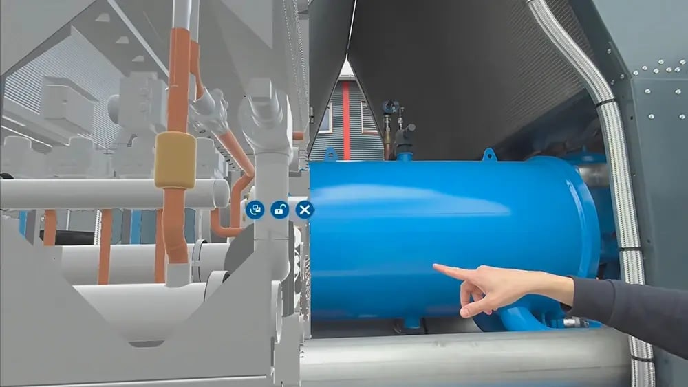 Overlaying a digital twin of a new machine onto an exiting one, to discuss differences.