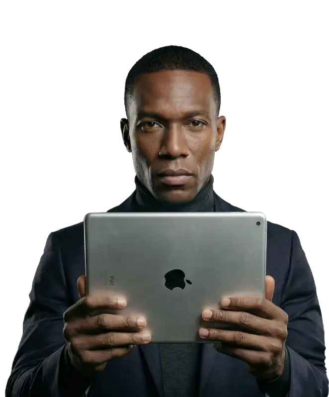 Person holding an iPad Pro, demonstrating Hololight's device-agnostic XR streaming platform