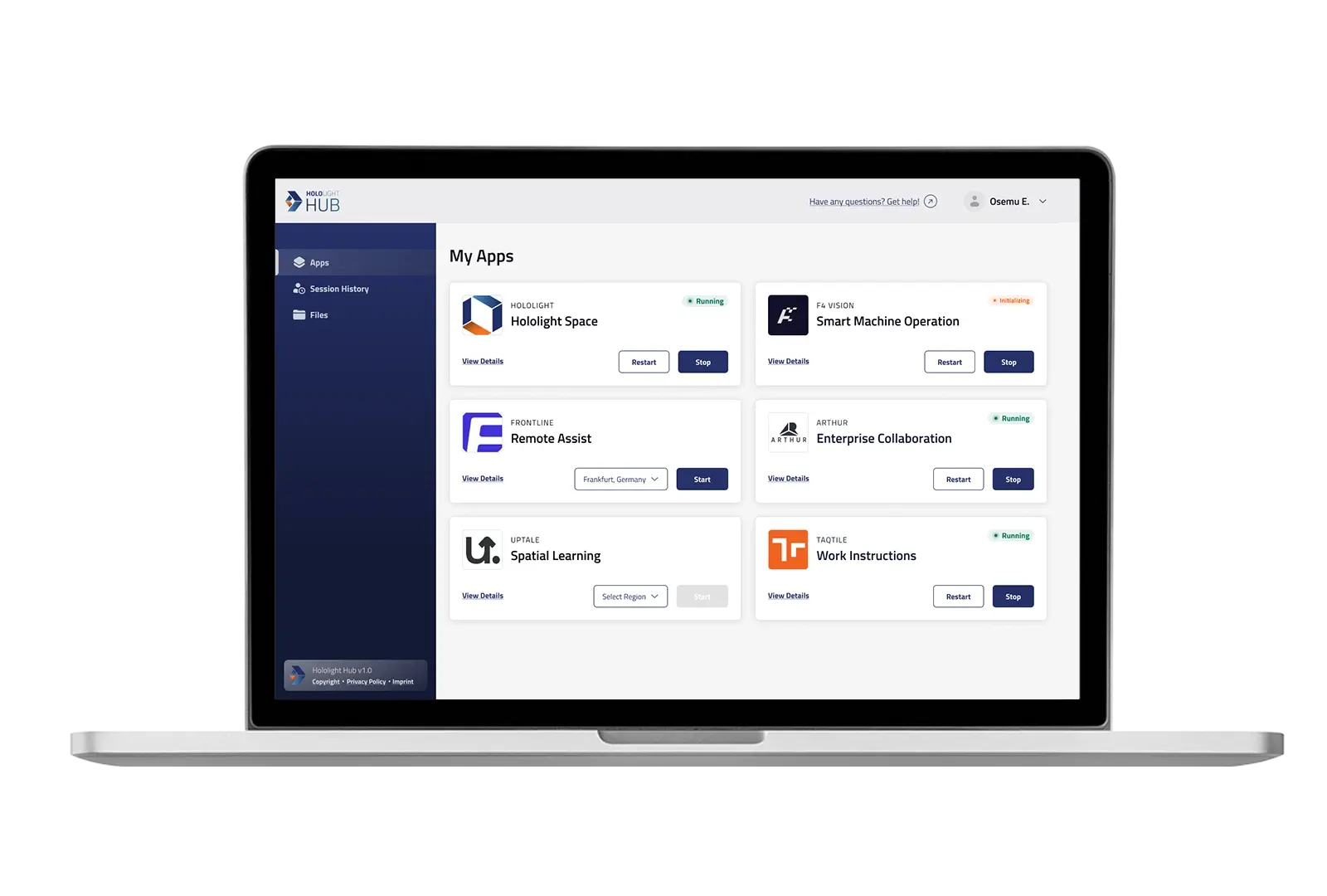 Hololight Hub's UI showing a list of apps a user has been given access to.
