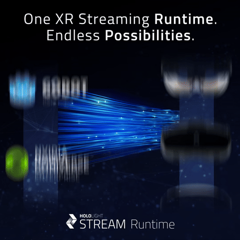 Gif showing changing Apps and Headsets, demonstrating that Hololight lets you stream XR apps to any major AR or VR device.